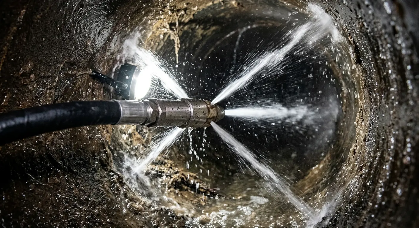 High-pressure hydro jetting nozzle cleaning sewer pipe for Sewer Line Relining in Doraville