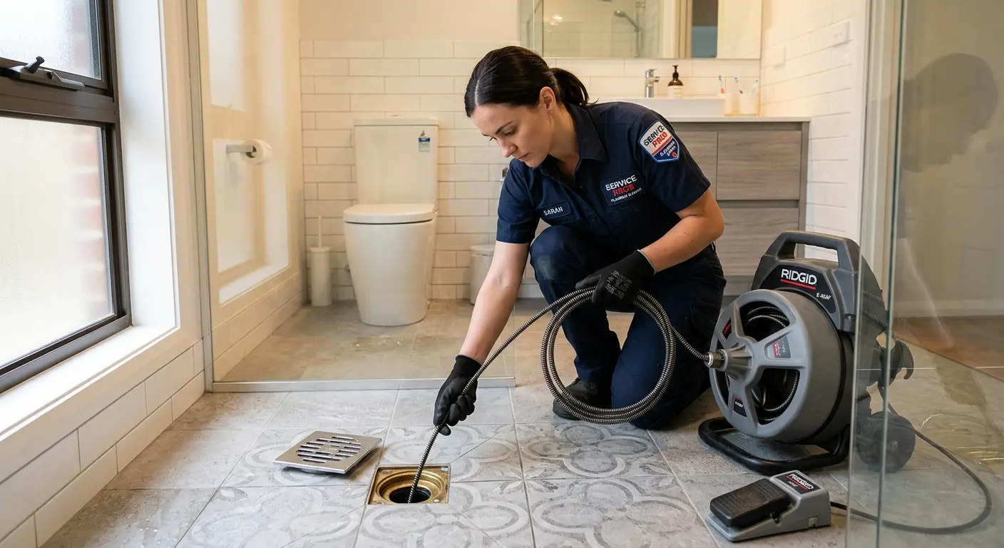 Technician clearing a bathroom floor drain for Drain Repair in Doraville